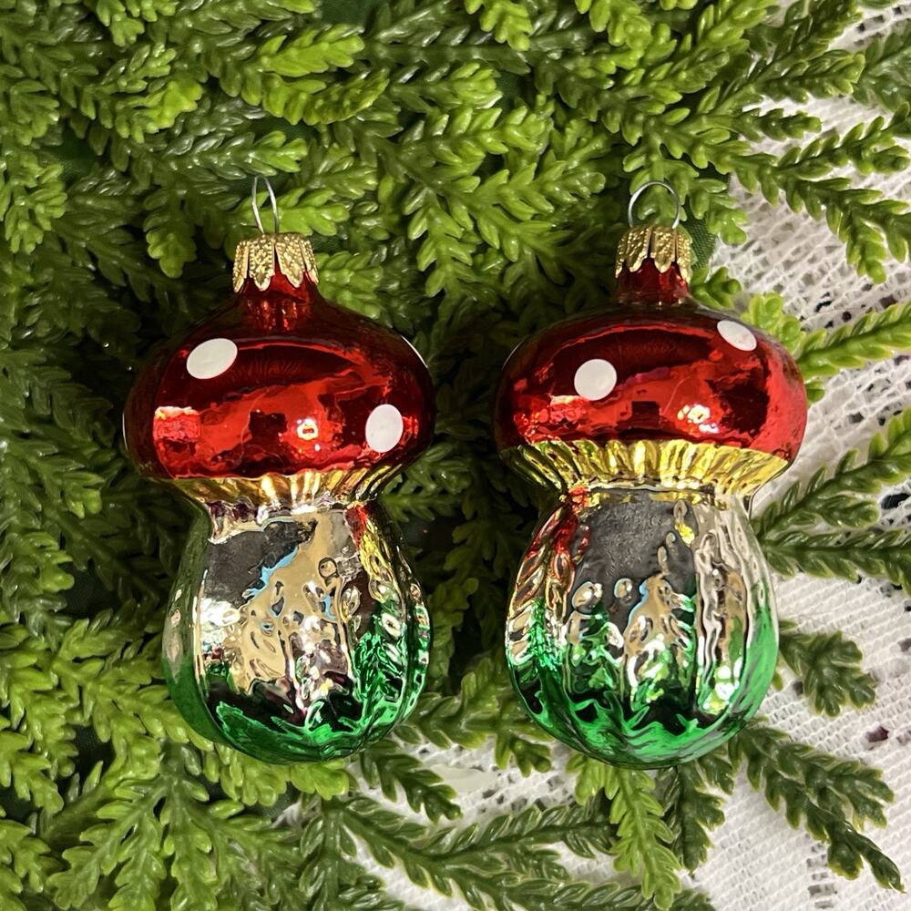 Vintage Columbia Mushroom Blown Glass Polka Dot Spotted Christmas Tree Ornaments